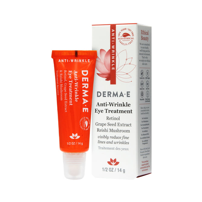 A red and white tube in a box of Derma E Anti-Wrinkle Eye Treatment Gel contains retinol, grape seed extract, and reishi mushroom extracts. Its designed to reduce fine lines and wrinkles. The tube holds 1/2 oz (14g).