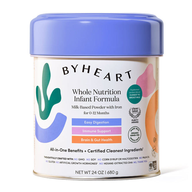 The ByHeart Whole Nutrition Infant Powder Formula includes a 24 oz container with a blue lid and colorful abstract designs. It supports easy digestion, immune, brain, and gut health for infants 0-12 months, made using organic grass-fed whole milk inspired by breast milk science.