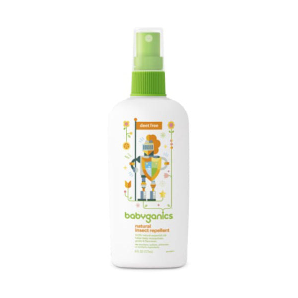 A white Babyganics Insect Repellent bottle features a green nozzle and a label with colorful robot and plant graphics, emphasizing its DEET-free formula made from natural essential oils.