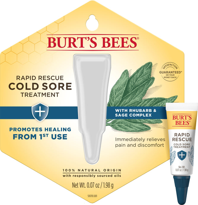 Packaging for Burts Bees Rapid Rescue Cold Sore Treatment (Rhubarb & Sage Complex) highlights its 100% natural origin and healing from the first use. The design showcases the product tube and leaves. Net weight: 0.07 oz / 1.98 g.