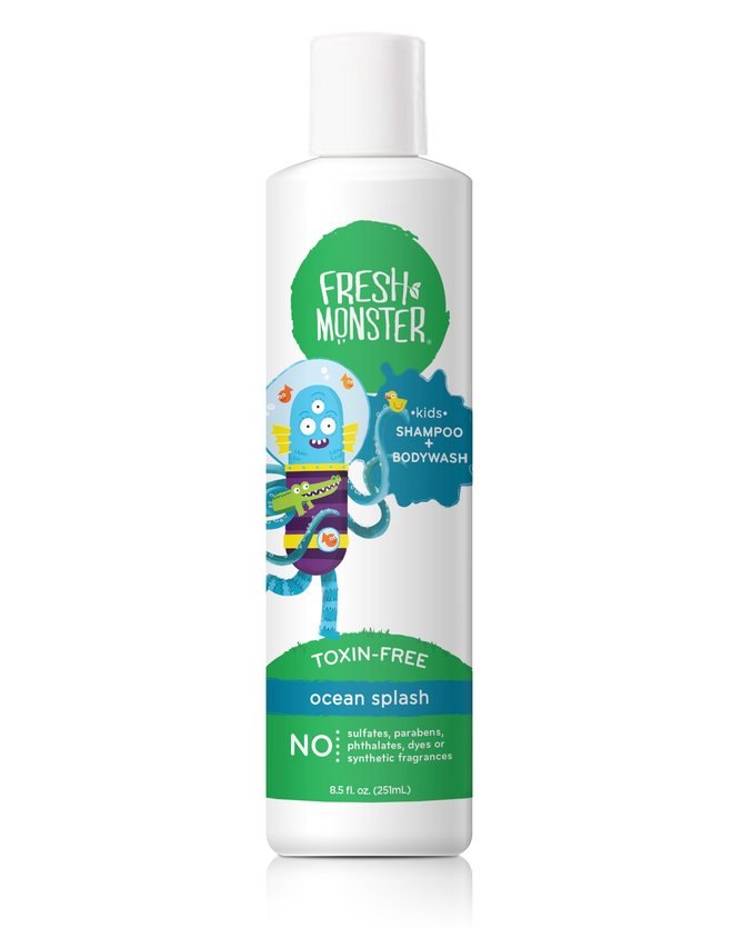 Front view of a white Fresh Monster Kids Body Wash & Shampoo 2in1 bottle with a cartoon space-suited octopus holding a toothbrush. The hypoallergenic, dermatologist-tested product is toxin-free, free from sulfates and parabens, and has an ocean splash scent.