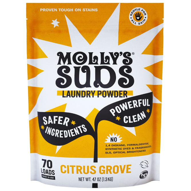 Mollys Suds Laundry Powder in a bright yellow and white package, offers 70 loads weighing 47 oz. The Citrus Grove scent detergent highlights Safer Ingredients and Powerful Clean, is hypoallergenic, non-toxic, free from harmful chemicals, and HE compatible.