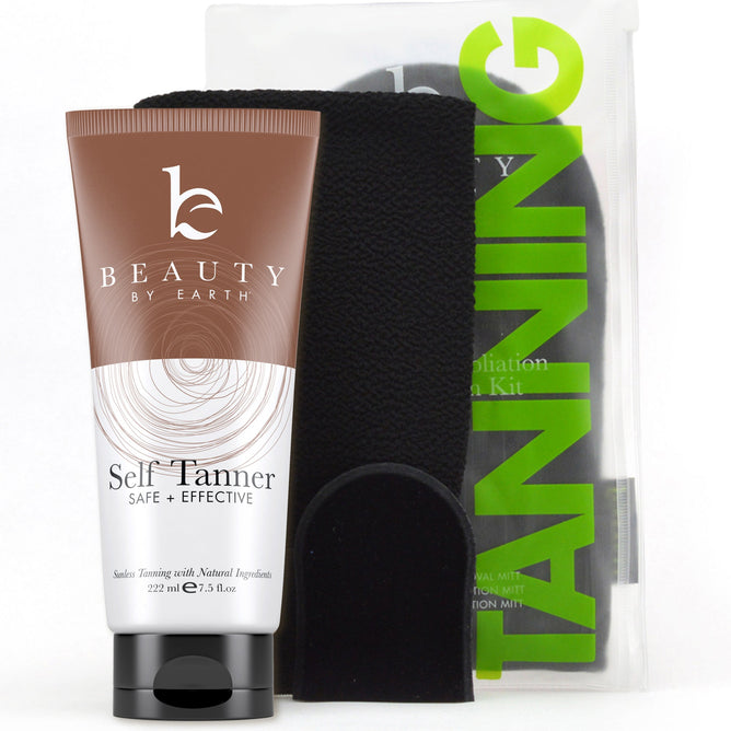 The Beauty by Earth Self Tanner Lotion & Applicator Set features a 222 ml (7.5 oz) self tanner enriched with natural ingredients for a sun-kissed glow, showcased with a black exfoliation mitt and clear TANNING package, perfect for enhancing any beauty routine.