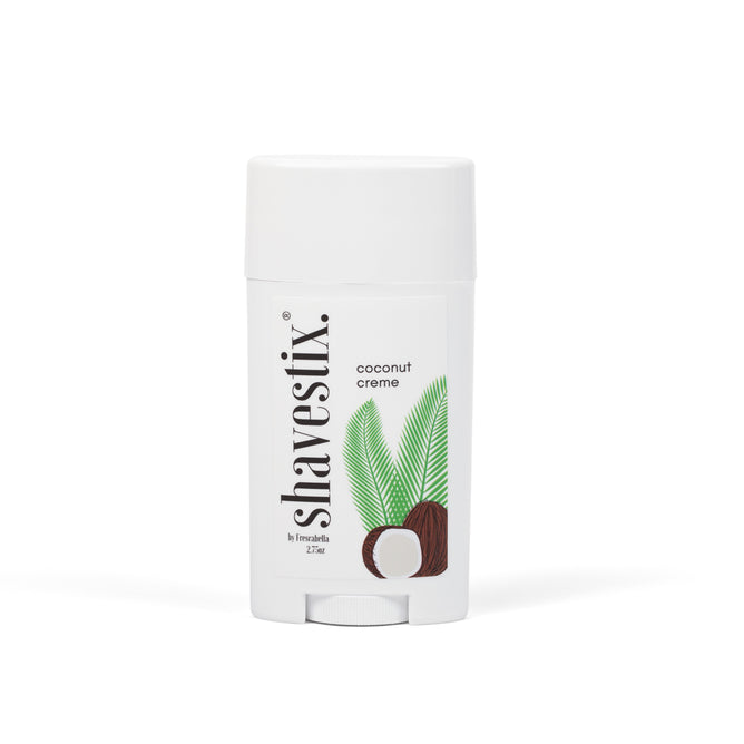 The Shavestix Solid Shave Stick in white boasts a design with coconut and palm leaves. Its compact, travel-friendly size ensures you remain fresh and hydrated wherever you go.