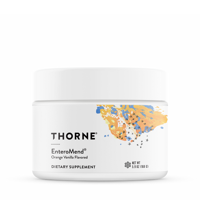 The Thorne EnteroMend dietary supplement in a white container supports intestinal health. Its label has an orange and yellow abstract design with black stars, indicating its orange vanilla-flavored and weighs 5.9 oz (168 g), ideal for promoting bowel regularity.