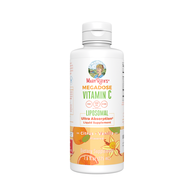 MaryRuths Vitamin C Liposomal supplement bottle, designed for enhanced absorption, features a predominantly white label with orange accents stating Citrus Vanilla Flavor. It holds 7.6 fluid ounces (225 ml).