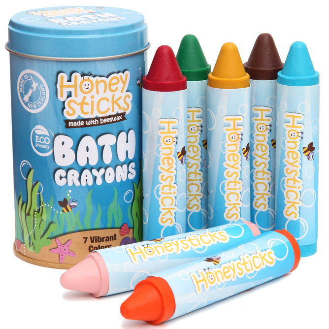 Honeysticks Bath Crayons are made with beeswax and come in vibrant green, red, yellow, brown, blue, and purple. Packaged in a playful cylindrical container with fun illustrations, they inspire creativity and fun.