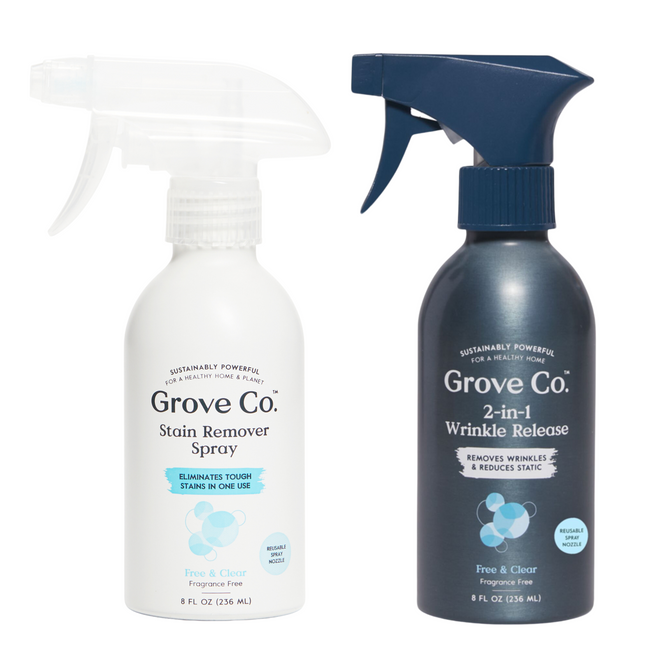 The Stain Remover & Wrinkle Release Starter Set by Grove Co. includes two fragrance-free 8 fl oz spray bottles: one for removing stains and the other a 2-in-1 wrinkle release, making it easy to tackle both tasks effortlessly.