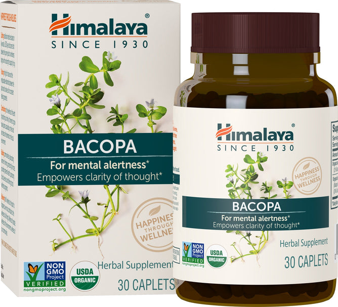 Image of a bottle and box of Himalayas Organic Bacopa, a nootropic herbal supplement featuring a Bacopa plant illustration. The packaging highlights mental alertness and cognitive support. Labels show Non-GMO Project Verified and USDA Organic. Contains 30 caplets.