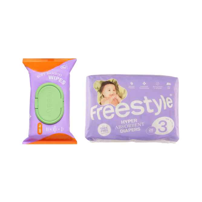 Two Grove Collaborative baby products: a pack of Soft & Clean Jumbo Baby Wipes with a green lid on the left, and a purple package of Size 3 (16-28 lbs) diapers (28 count) on the right. Diaper pack is included as a free gift.
