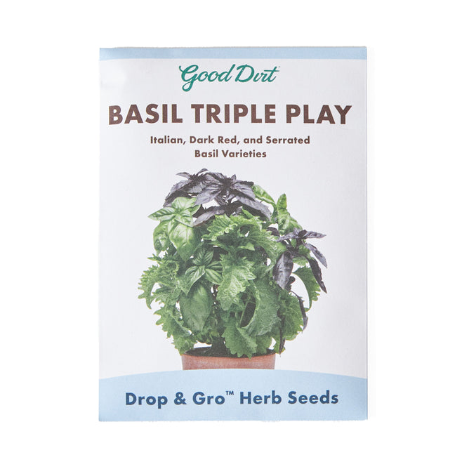 Good Dirts Seed Pack - Basil Variety Pack features vibrant images of basil with green and purple leaves. It highlights Italian, Dark Red, and Serrated Basil varieties and emphasizes its Non-GMO seed pod as part of the Drop & Gro Herb Seeds collection.
