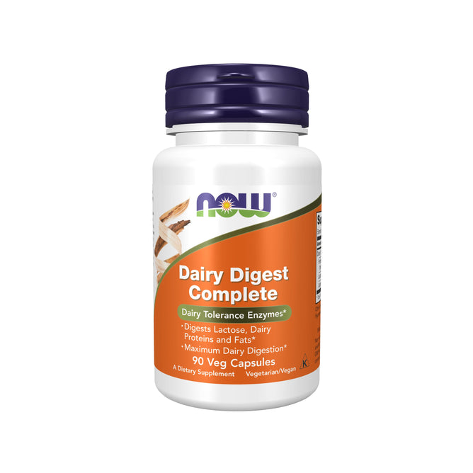 NOW Foods Dairy Digest Complete features a white bottle with an orange label, containing 90 vegetarian capsules. Designed to aid lactose intolerance, it showcases the NOW logo alongside wheat and dairy images, enhancing maximum dairy digestion.