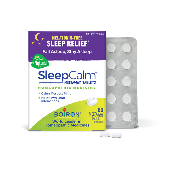 Boiron SleepCalm meltaway tablets are a homeopathic sleep aid with 60 unflavored, plant-based tablets. The packaging emphasizes Melatonin-Free, Non-Habit Forming, and No Known Drug Interactions, and includes a sheet of tablets.