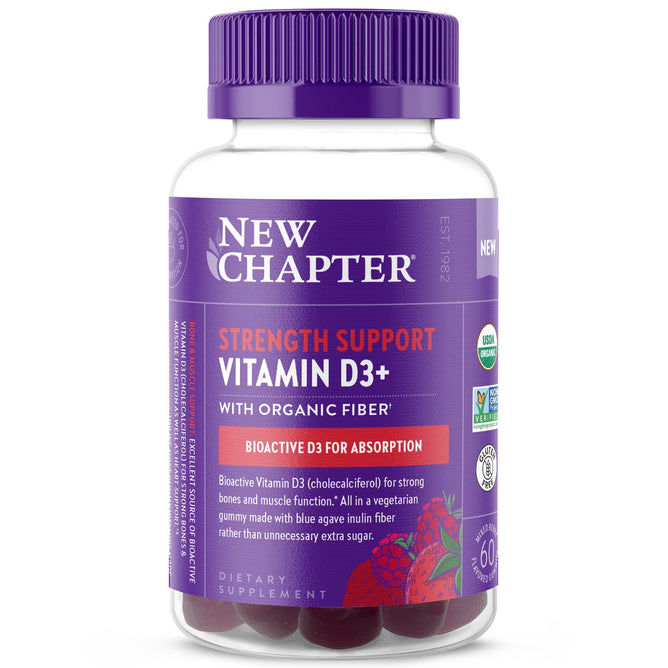 The New Chapter Strength Support Vitamin D3 bottle contains 60 vegetarian gummies with organic fiber for bone and muscle function. It features a purple cap and label with fruit images.