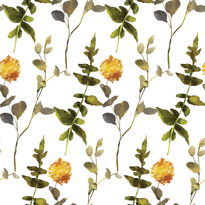 The Waterleaf Paper Companys Dissolvable Gift Wrap features a seamless design of watercolor green leaves and yellow flowers on white, using water-based ink. This vertically repeating pattern offers a natural and delicate look ideal for special gift presentations.