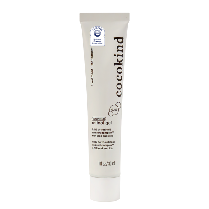 Cocokinds Beginner Retinol Gel, featuring a beige label and EWG verified symbol, contains 1 fl oz (30 ml) and ingredients like aloe and date extract. Its formulated with their Tri-Retinoid Comfort Complex™ for gentle skincare.
