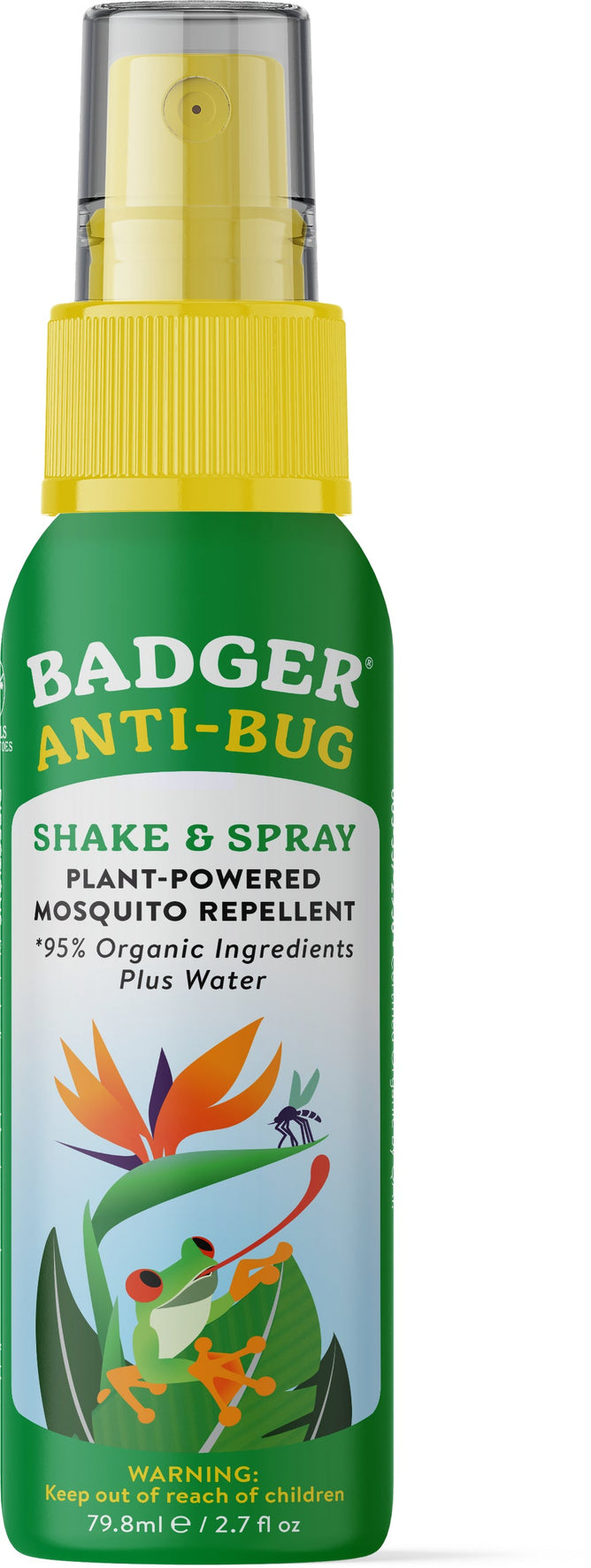 The Badger Balm Anti-Bug Shake & Spray, a green 79.8 ml bottle with a yellow cap, claims to be a DEET-free repellent featuring citronella, cedarwood, and lemongrass. Its 95% organic with water and showcases a sunlit frog on leaves.