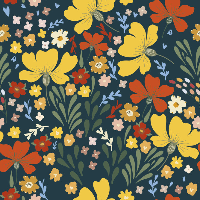 The Dissolvable Gift Wrap by Waterleaf Paper Company features a vibrant floral pattern with yellow, red, and white flowers on a dark background, accented by small blue and orange buds. Made using eco-manufacturing techniques, its an elegant choice for zero waste living.