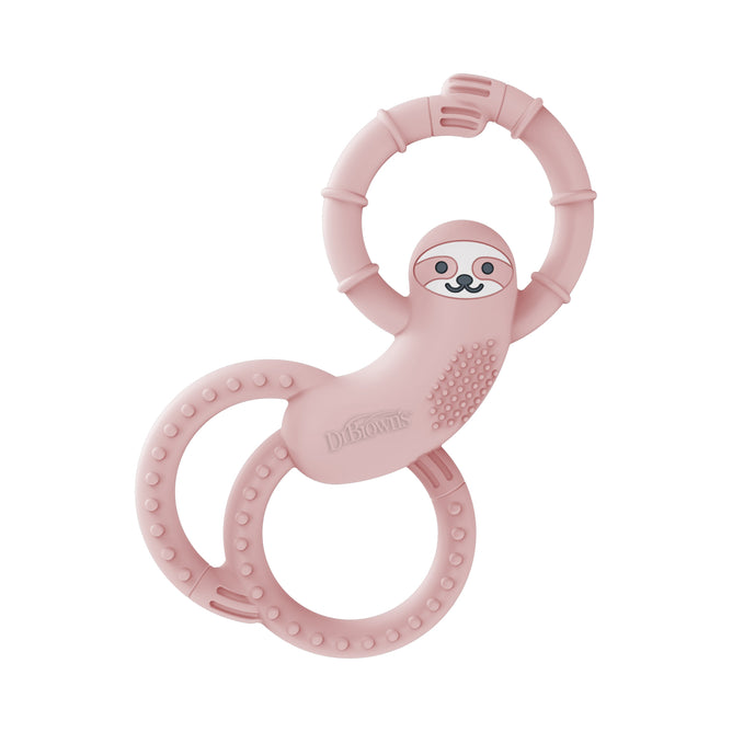 Dr. Browns Flexees Sloth, 100% Silicone Baby Teether, shaped like a sloth and featuring textured rings, provides soothing relief for teething babies.