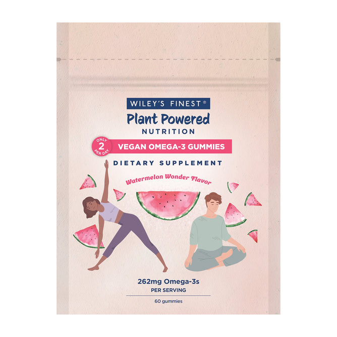 The packaging of Wileys Finest Vegan Omega-3 Adult Gummies showcases a yoga pose and watermelon slices, emphasizing the Watermelon Wonder Flavor. Each serving offers 262mg of Omega-3s from premium Algal Oil, with 60 tasty gummies per bottle.