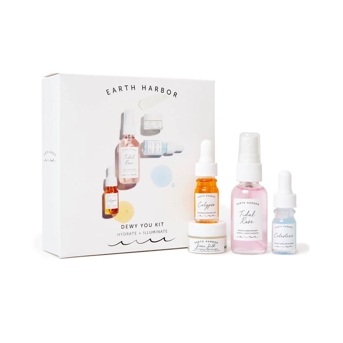 Introducing Earth Harbors DEWY YOU Kit—an organic, sustainable skincare collection for hydration and illumination, featuring three bottles and one jar in beautifully illustrated white packaging.