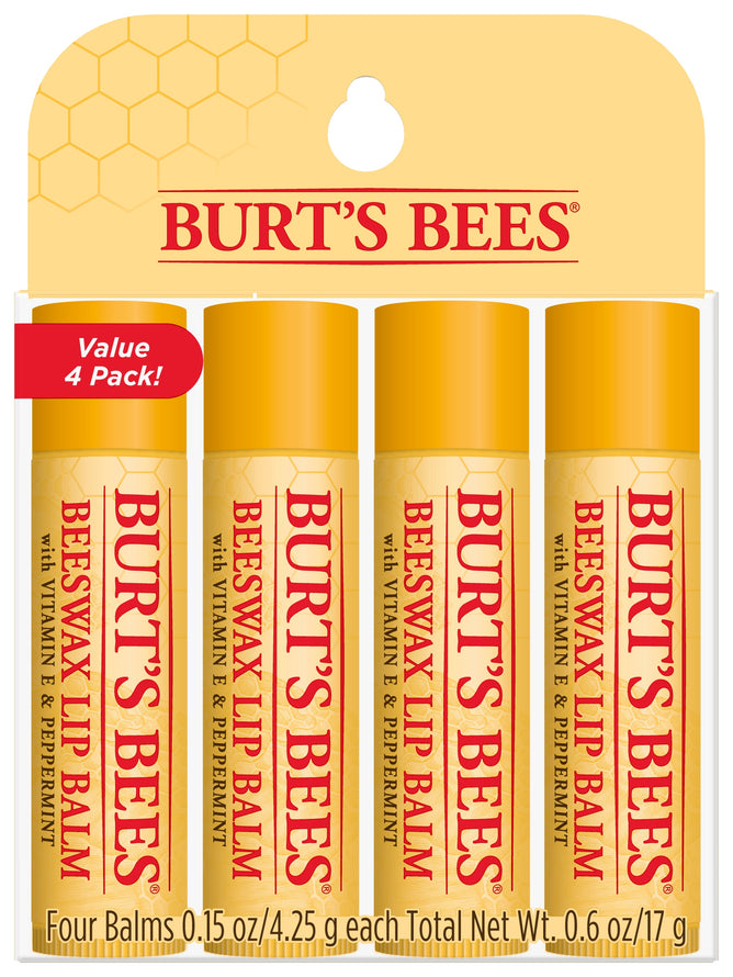 Burts Bees Beeswax Lip Balm comes in yellow and red packaging and includes four 0.15 oz/4.25 g tubes. Enriched with vitamin E and peppermint oil, it offers soothing lip care.