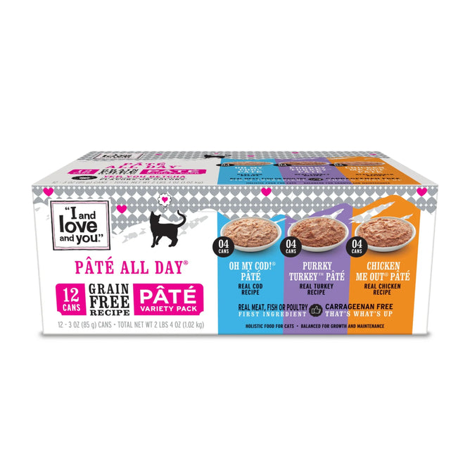 The Naked Essentials Cat Food - Paté All Day Variety Pack by I and Love and You is a protein-packed, grain-free 12-can collection featuring chicken, turkey, and cod flavors, packaged with playful cat illustrations emphasizing real ingredients and added vitamins.