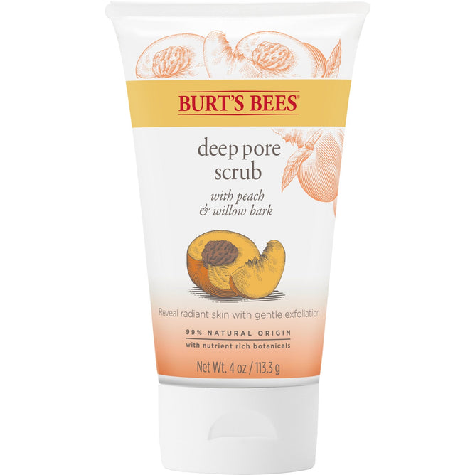 A 4 oz tube of Burts Bees Pore Scrub with Peach & Willow Bark, featuring peach illustrations. It boasts 99% natural origin ingredients for gentle exfoliation.