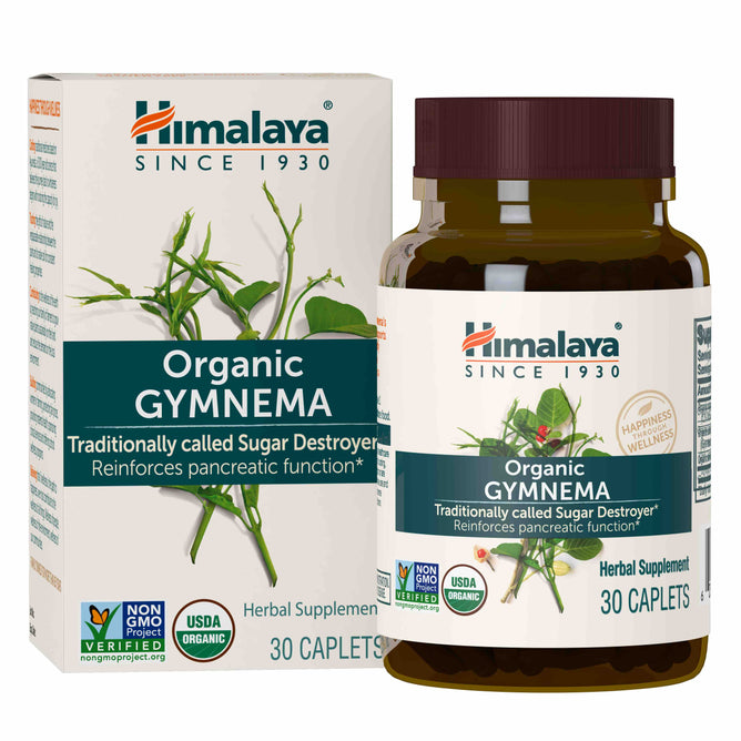 A bottle of Himalaya Organic Gymnema caplets, made with Gymnema sylvestre, enhances pancreatic function. This herbal supplement supports glucose metabolism, is non-GMO and USDA organic certified, containing 30 caplets per package.