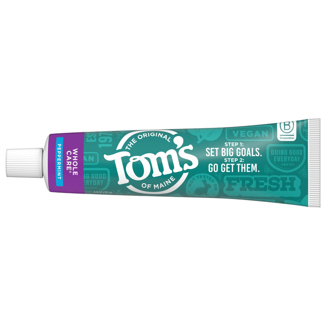 Toms of Maine Whole Care Toothpaste in peppermint is housed in teal packaging with motivational text: Step 1: Set big goals. Step 2: Go get them. Featuring vegan and cruelty-free symbols, its a perfect natural toothpaste choice.