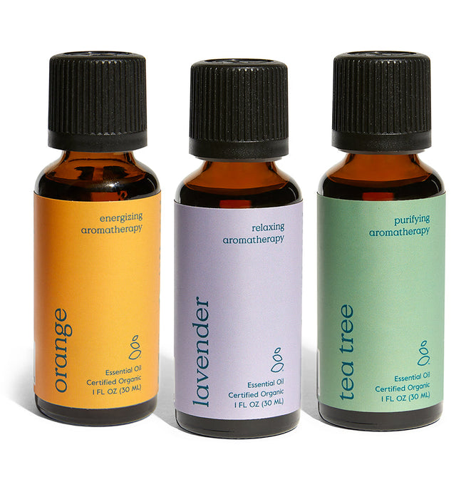 Three 1 fl oz (30 ml) bottles in the Grove Co. Organic Essential Oils Set are lined up: energizing orange with an orange label, relaxing lavender with a purple label, and purifying tea tree with a green label—perfect for DIY cleaning or aromatherapy.