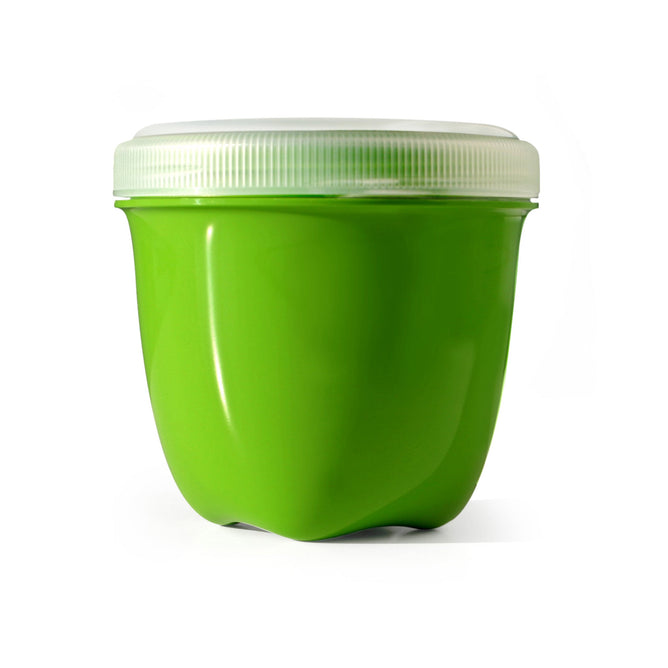 The Preserve Food Storage Round Mini is a small, glossy green plastic container made from recycled materials. It features a transparent, ribbed lid and BPA-free construction with a slightly curved shape. It stands on a flat surface against a plain white background.