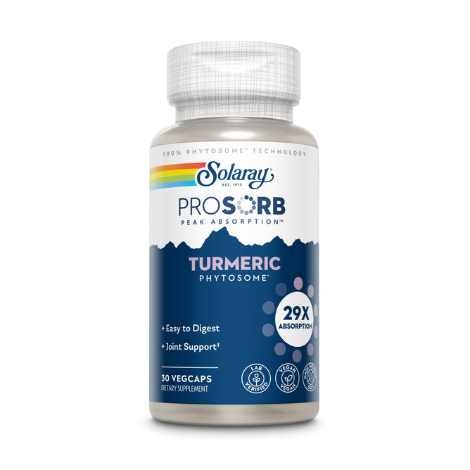 The ProSorb Turmeric Phytosome by Solaray includes 30 vegcaps, offering 29X absorption and easy digestion for joint support. It features a blue and white design with a silver lid for an appealing look.
