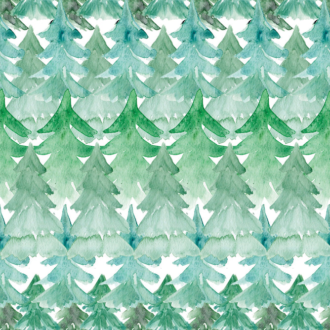 Waterleaf Paper Companys Dissolvable Wrapping Paper features a watercolor pattern of overlapping green pine trees in various shades, creating a dense forest look with fluid artistry. Eco-manufactured, it blends beauty and sustainability perfectly for gift wrapping.