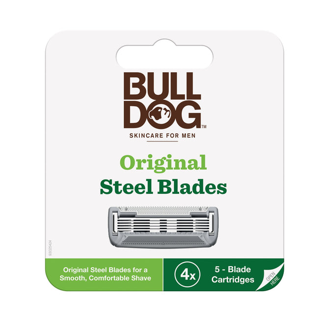The Bulldog Original Steel Blades packaging shows a blade with a lubricating strip and states: Original Steel Blades for a Smooth, Comfortable Shave. Compatible with Bulldog Original Bamboo Razor. It includes 4 packs of 5-blade replacement cartridges.