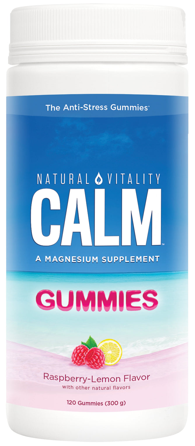 A bottle of Natural Vitalitys CALM Magnesium Supplement Gummies, featuring raspberry-lemon flavor with vibrant images of raspberries and lemon slice on the label. Includes 120 gummies to help you unwind effortlessly.