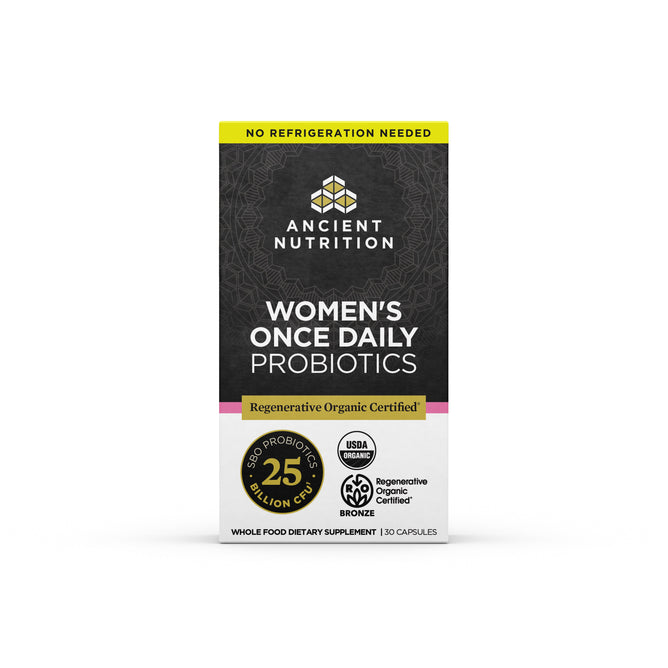 The black and yellow box of Ancient Nutrition’s ROC - Womens Once Daily Probiotics features 25 Soil-Based Organisms, contains 30 capsules, and is certified USDA Organic and Regenerative Organic.