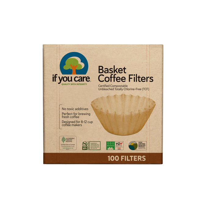 Box of If You Care Coffee Filters - Basket with 100 unbleached, totally chlorine-free filters. The compostable box supports eco-friendly certifications and is designed for 8-12 cup brewers.