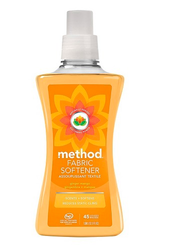 Methods Fabric Softener in Ginger Mango scent is hypoallergenic with an orange flower design, highlighting its scent, softening, and static reduction. This 1.58-liter (53.5 fl oz) bottle is perfect for 45 loads.
