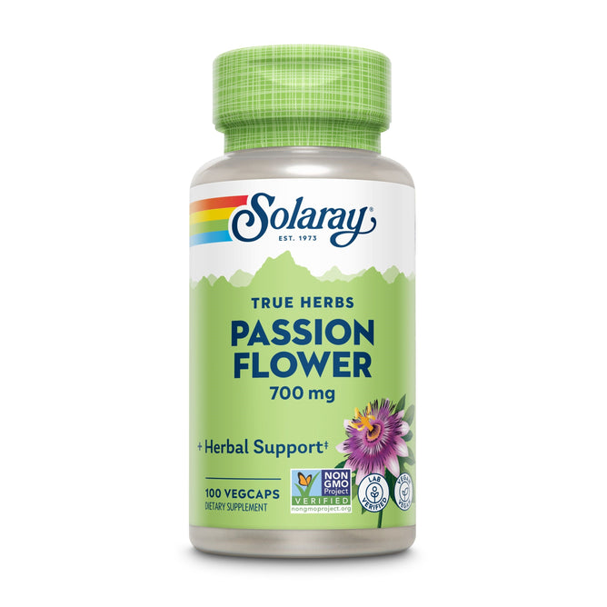 A bottle of Solarays Passion Flower, 700 mg, dietary supplement features a green and white label with Herbal Support and Non-GMO Verified. It contains 100 Vegcaps and displays a passion flower image promoting the benefits of herbal medicine.