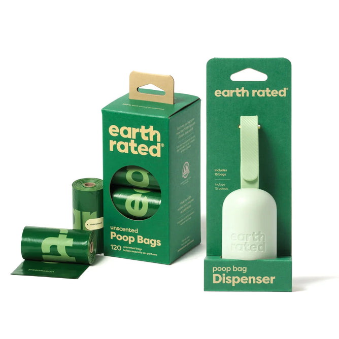 Boxes and rolls of green Earth Rated poop bags, with one showing 120 unscented bags, are displayed. A dispenser package with a soft scoop-like design is beside them, both showcasing the Earth Rated logo.