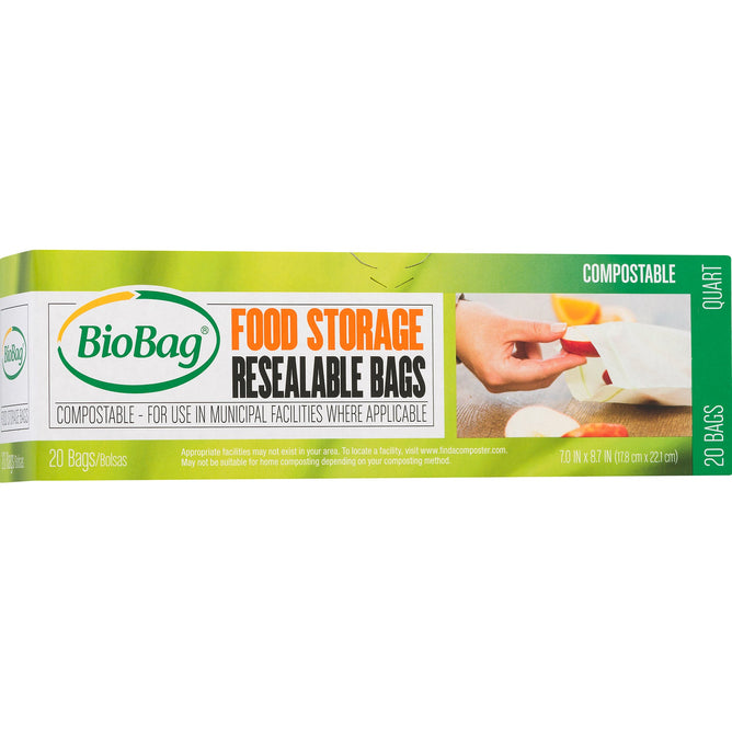 BioBags Resealable 1 Quart Food Storage Bag offers an eco-friendly food storage solution. Primarily green and white, the packaging features hands sealing food in one of 20 quart-sized bags, emphasizing sustainability with every resealable, compostable use.