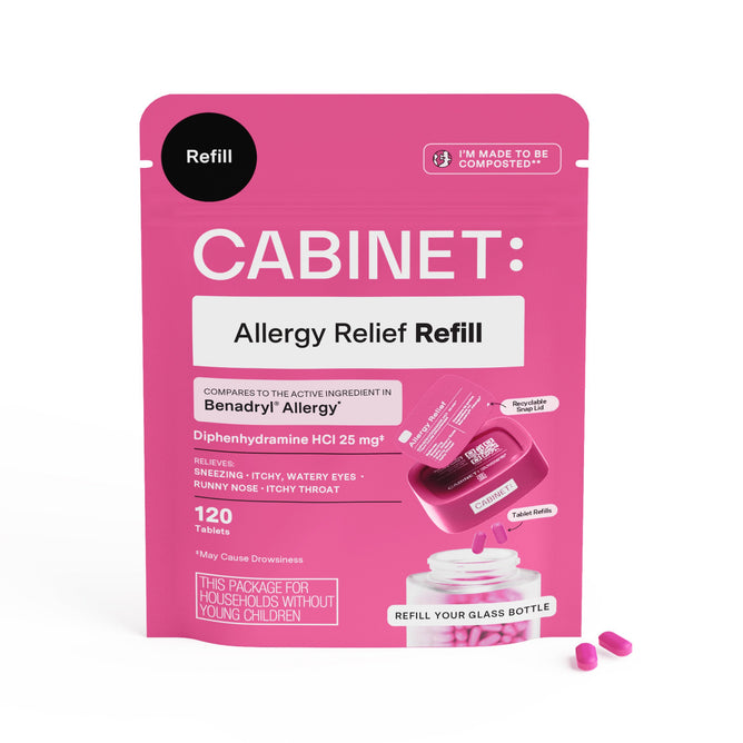The pink package, labeled Cabinet Health: Allergy Relief Refill, features Diphenhydramine 25 mg to relieve sneezing, itching, and watery eyes. It includes 120 tablets with two on display and is noted for its compostable packaging to support eco-friendly disposal.