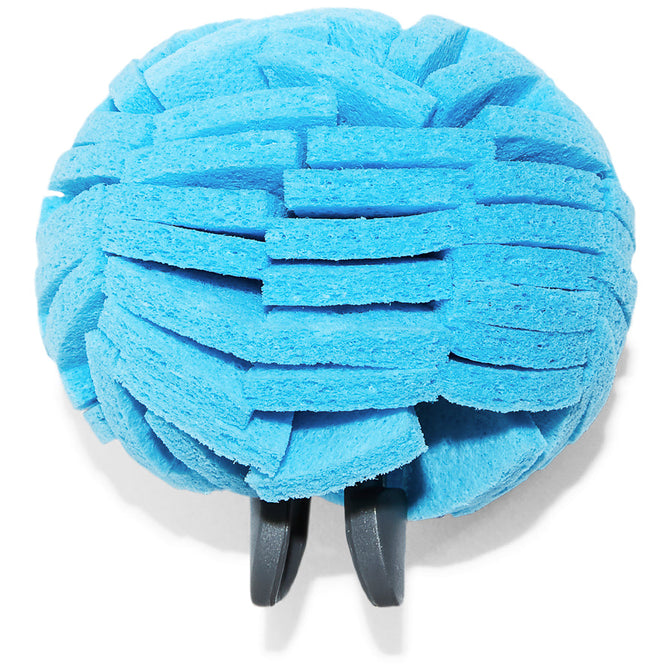 The Grove Co. Glassware Cleaner Replacement Head is a blue scrubbing brush with pom-pom-like bristles, ideal for removing lipstick stains. It features a gray handle with two prongs, perfect for dusting and cleaning various surfaces.
