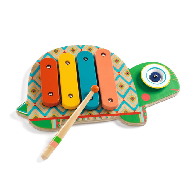The 2-in-1 Animambo Cymbal & Xylophone by DJECO is perfect for young musicians. This turtle-shaped, FSC® Certified Wood instrument features five vibrant bars in red, orange, yellow, blue, and green, with a wooden mallet on its geometrically-designed shell—an ideal creative toy.