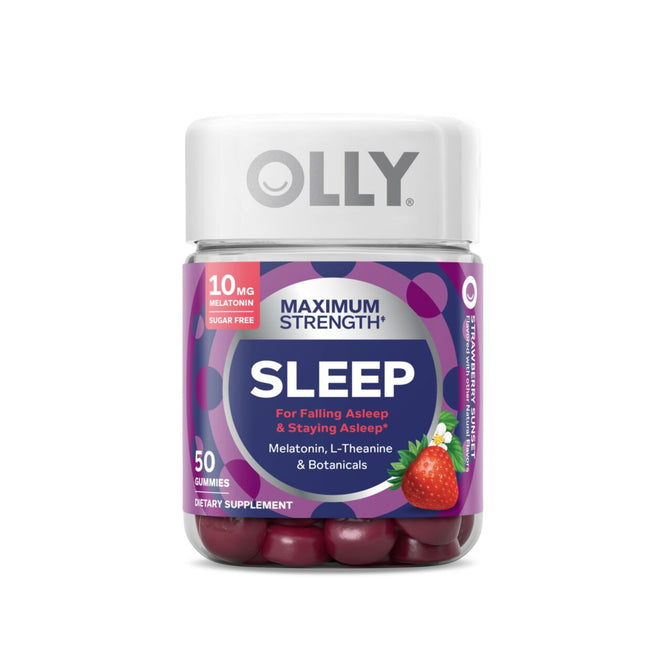 A jar of OLLY Maximum Strength Sleep Gummies has a white lid, a label with 10 mg Melatonin, Sugar Free, and a strawberry graphic. Inside are 50 gummies infused with melatonin, L-Theanine, and botanicals to promote sleep.