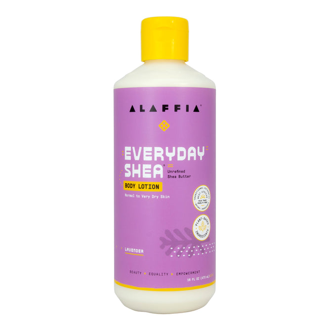 Alaffias Everyday Shea Body Lotion comes in a purple bottle with a yellow cap, offering a soothing lavender scent. Its crafted to nourish normal to very dry skin with its rich formula containing unrefined shea butter.