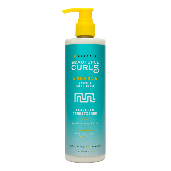 A 12 fl. oz. bottle of Beautiful Curls Curl Enhancing Leave-In Conditioner by Alaffia, featuring a yellow pump and a teal label with white text. It highlights unrefined shea butter, ideal for defining and enhancing wavy to curly hairs natural texture.