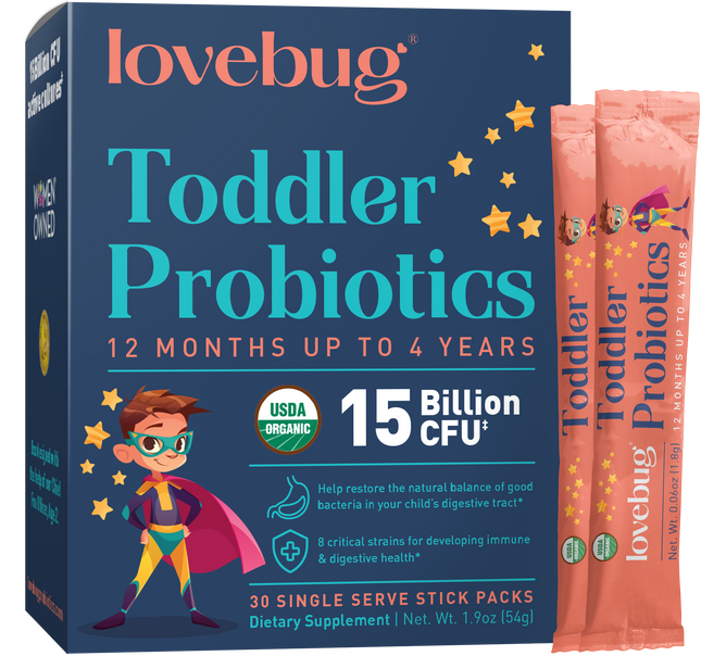 The Lovebug Toddler Probiotics for ages 12 months to 4 years includes a superhero design, contains 30 single-serve stick packs with 15 billion CFU, USDA organic certification, and highlights L. rhamnosus GG among its eight critical strains for optimal gut health.