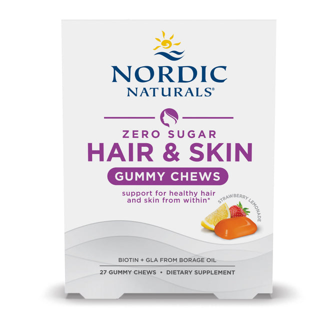 The Hair & Skin Support Gummy Chews by Nordic Naturals come in a white box with strawberry, lemon, and orange gummy imagery. Enjoy 27 biotin-rich chews in strawberry lemonade flavor designed to enhance hair and skin health with zero sugar.